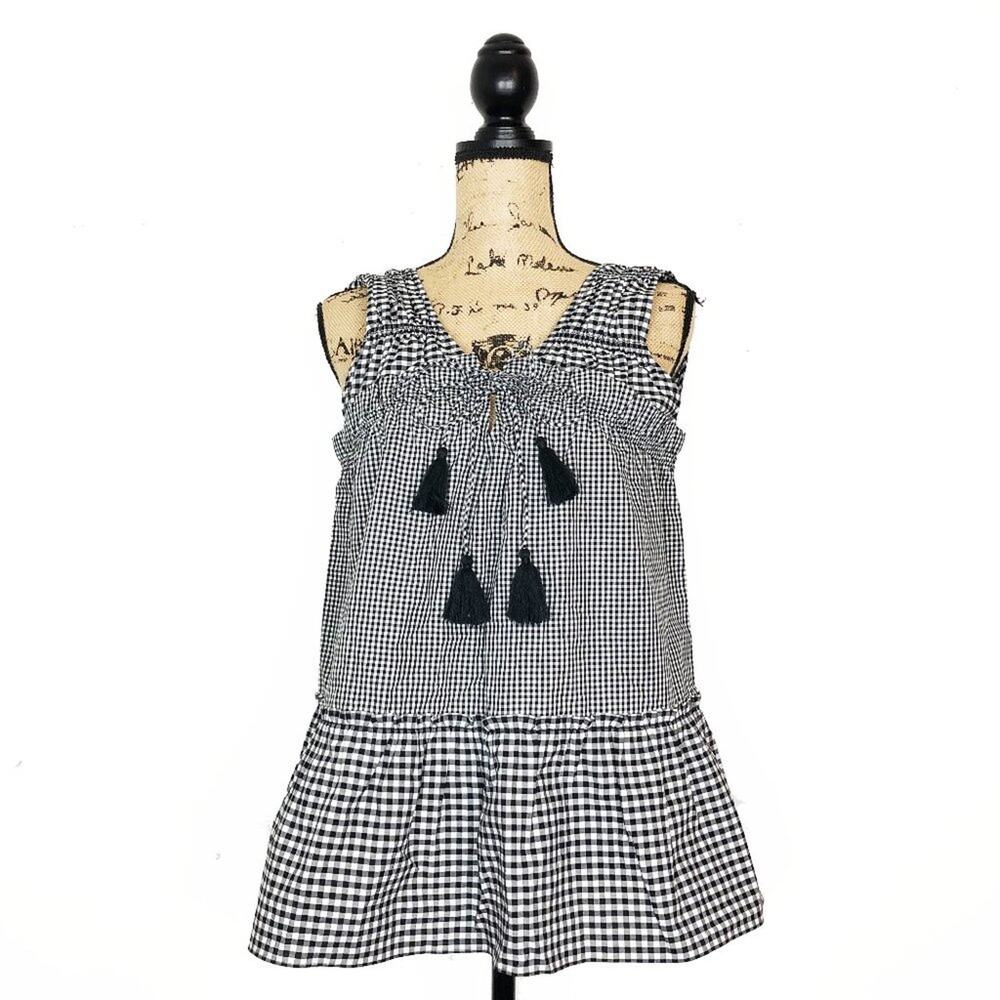 Derek Lam 10 Crosby Gingham Print Black White Tassel Tank Drop Hem Peplum 8